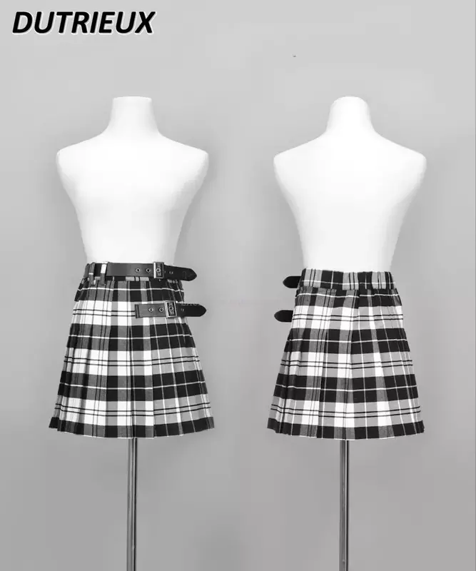 Japanese Mine Dark Harajuku Style Buckle Decoration College Pleated Skirt Sweet Girl High Waist Plaid A- Line Short Skirts