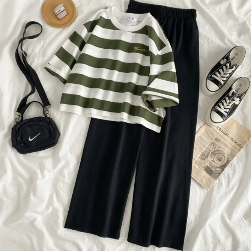 Women Sets Short-sleeve T-shirts Casual Cozy Striped Korean Fashion Solid Pants Simple Summer Students Two-piece Popular Chic