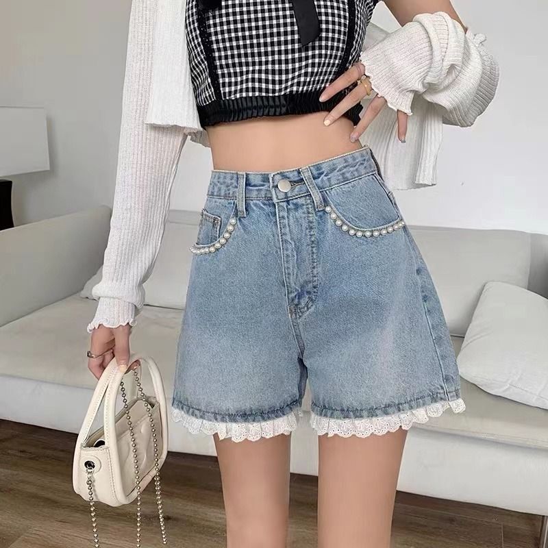 Spice Girls Denim Shorts Ladies Summer 2024 New Lace Studded Beaded High Waisted Wide Leg A-line Shorts Female Hot Summer Pants