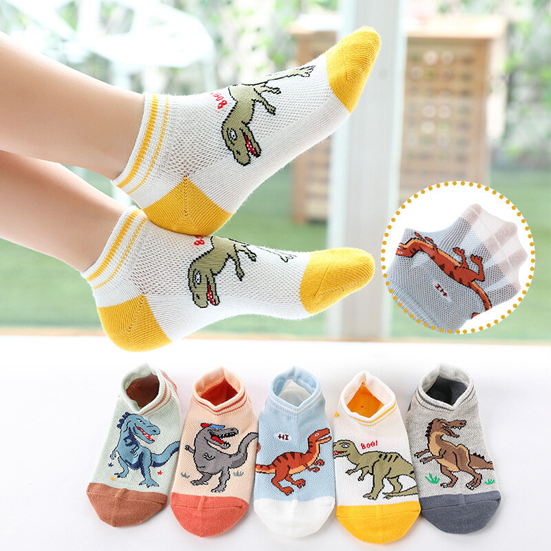 5 Pairs/lot Boys Dinosaur Socks 2024 New Summer Comfortable Breathable Casual Soft Kids Socks Student Sports Socks For 1-12Years