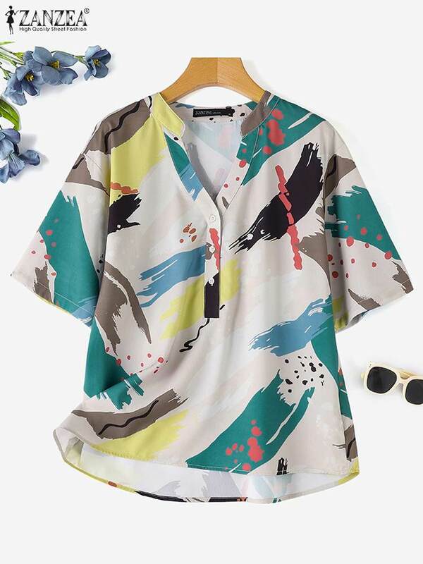 Женская Повседневная цветная блузка ZANZEA, лето 2024, свободная рубашка с V-образным вырезом и принтом, топы большого размера на пуговицах для отдыха