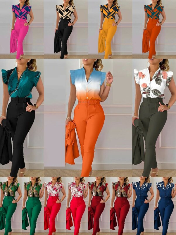 Conjunto de moda para mujer, camiseta sin mangas con cuello en V y pantalones estampados sólidos, chándal elegante con volantes, conjunto de 2 piezas