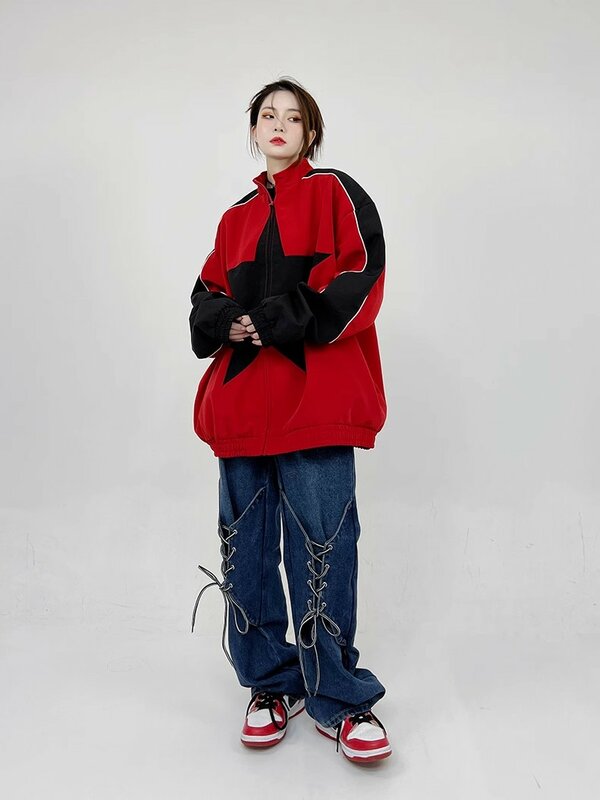 REDDACHIC 여성용 패치워크 스타 봄버 재킷, 레드 터틀넥 긴팔, 2 색 오버사이즈 바람막이, 레트로 Y2k 스트리트웨어