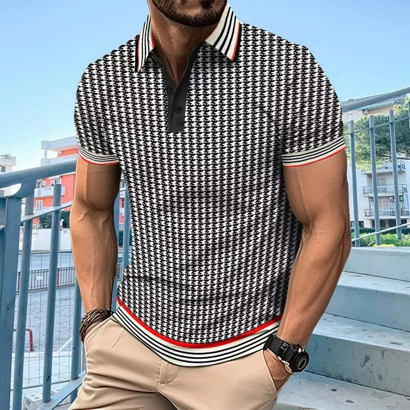 Polo de poliéster con estampado informal para hombre, camiseta de manga corta con solapa microelástica, moda de verano