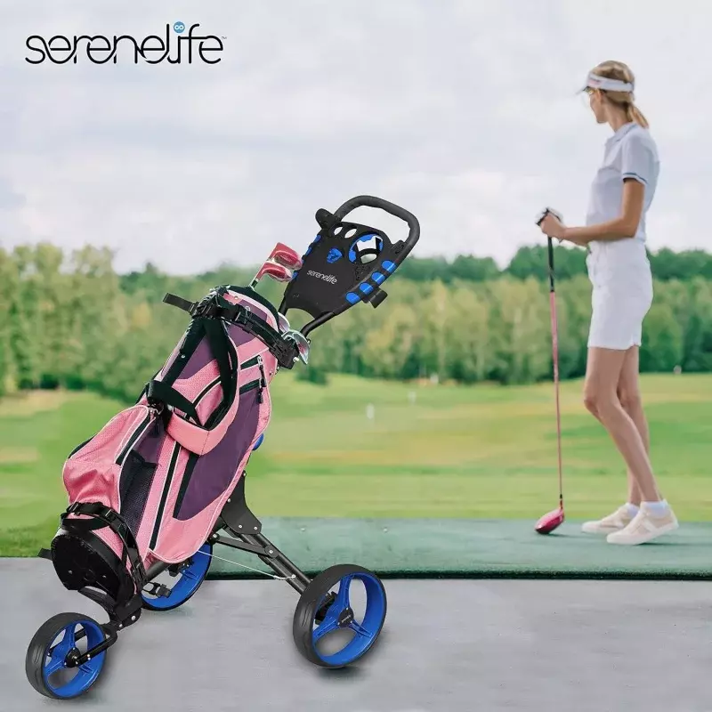SereneLife 3 Roda Golf kereta dorong, tas rol berjalan lipat ringan dengan braket atas/bawah dengan