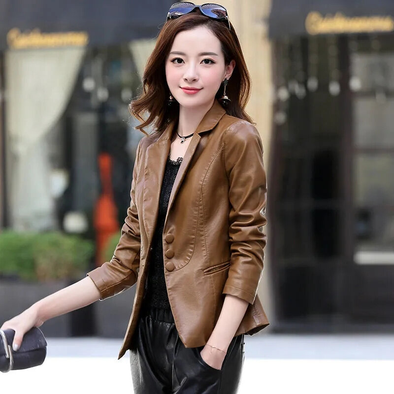 เสื้อแจ็กเก็ตหนัง PU สำหรับผู้หญิง2023เสื้อโค้ทแฟชั่นสำหรับฤดูใบไม้ผลิใหม่เกาหลีฤดูใบไม้ร่วง