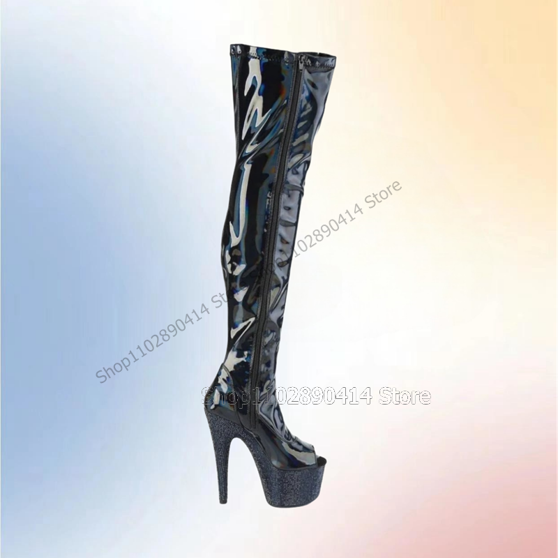 Bottes Peep Parker en cuir verni noir pour femmes, chaussures à plateforme en cristal, fermeture à glissière latérale, talons hauts fins, mode 2023