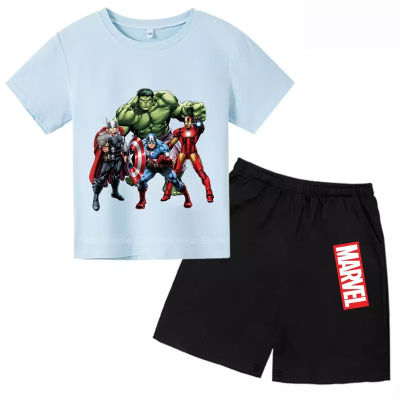 Marvel Avengers setelan kaus & celana kartun anak-anak, T-shirt gaya dan keren untuk anak laki-laki dan perempuan musim panas menyenangkan santai luar ruangan
