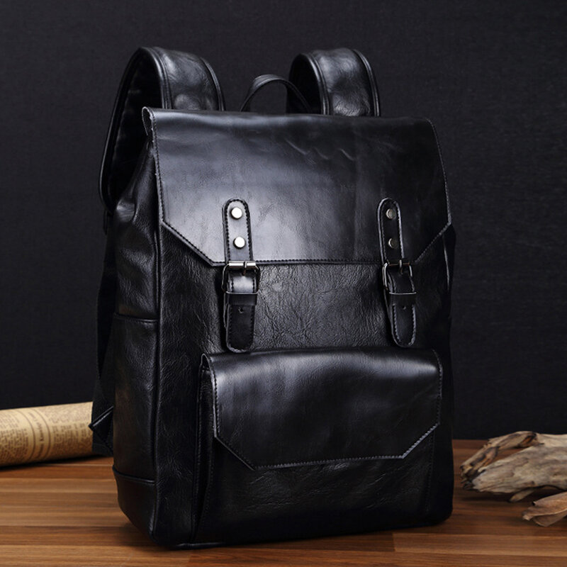 Vintage Men Backpack PU Leather Waterproof Male Laptop Backpacks Student School Backbag Adjustment Buckle for Office Black