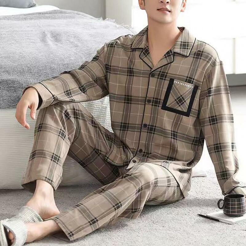 Conjunto de pijama con cierre de botón para hombre, ropa de estar por casa cómoda con pantalones sueltos de pierna ancha, cuello vuelto a rayas