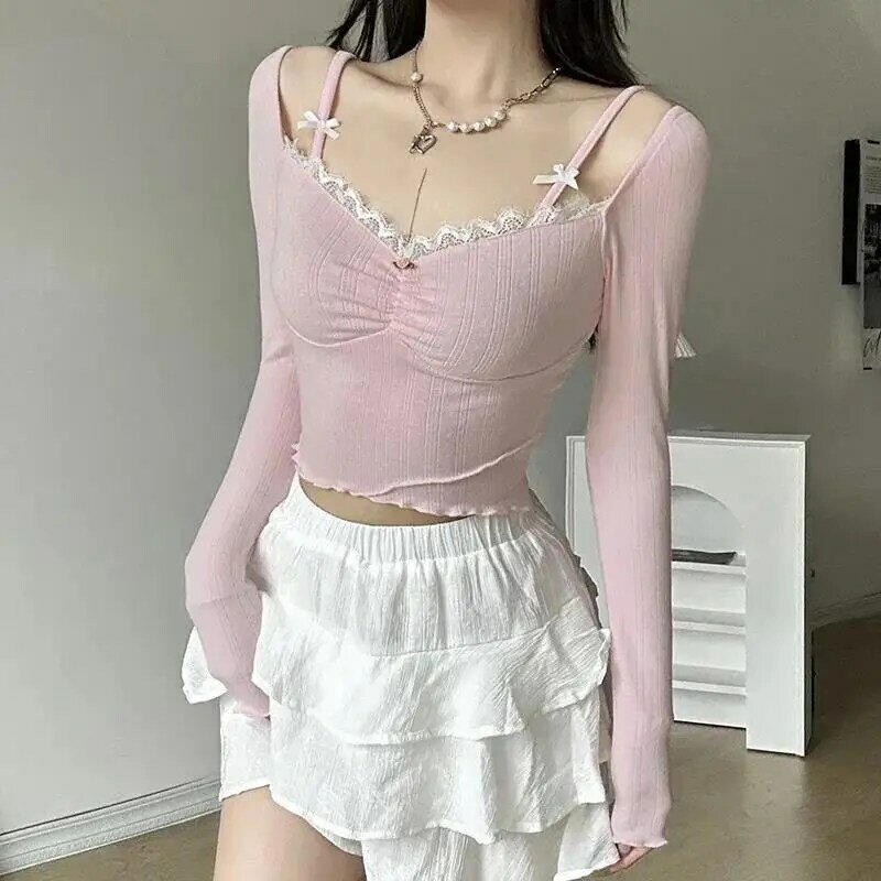 Lace Stitching V-Neck Skinny Top, ajuste fino estético, manga comprida, camisetas de malha, camisetas casuais fofas, coquete rosa doce