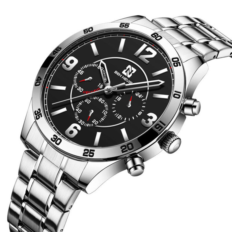 6 핀 비즈니스 패션 레저 야간 조명 방수 타이머 스테인레스 스틸 시계 스트랩 남성용 시계, Reloj 쿼츠 시계