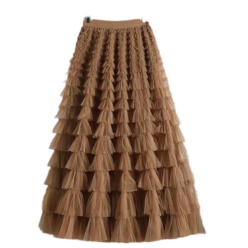 Летние женские юбки, элегантная каскадная трапециевидная длинная юбка, плиссированная сетчатая юбка с высокой талией, женские длинные юбки Q925