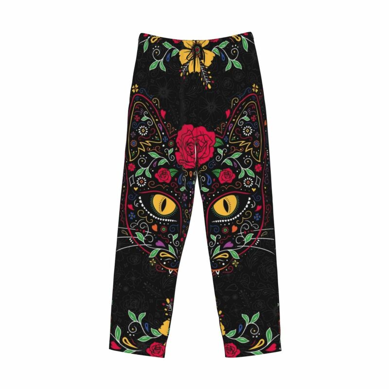 Custom Day Of The Dead Kitten Cat Sugar Skull +Mexican Halloween Pajama Pants Men's Sleepwear Sleep Bottoms Stretch with Pockets