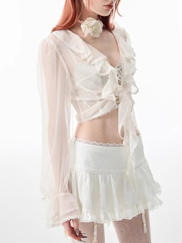 HOUZHOU Coquette minigonna donna 2024 Kawaii pizzo maglia Patchwork Sexy bianco vita alta a-line Lolita Ruffle gonna Fairycore