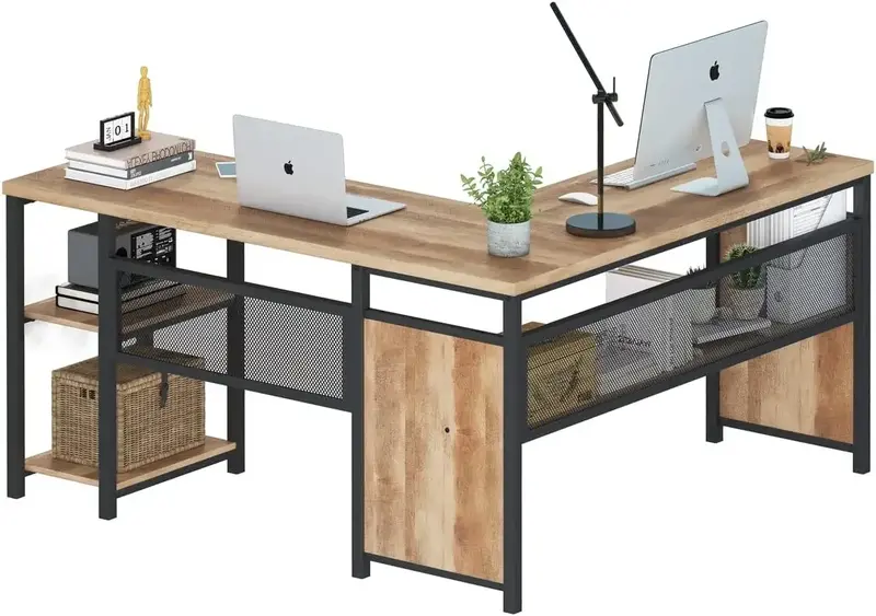 Fatorri โต๊ะคอมพิวเตอร์รูปตัว L สำหรับสำนักงานบ้านโต๊ะสำนักงานอุตสาหกรรมพร้อมชั้นวางโต๊ะไม้และมุมโลหะแบบพลิกกลับได้ (สีสนิม)