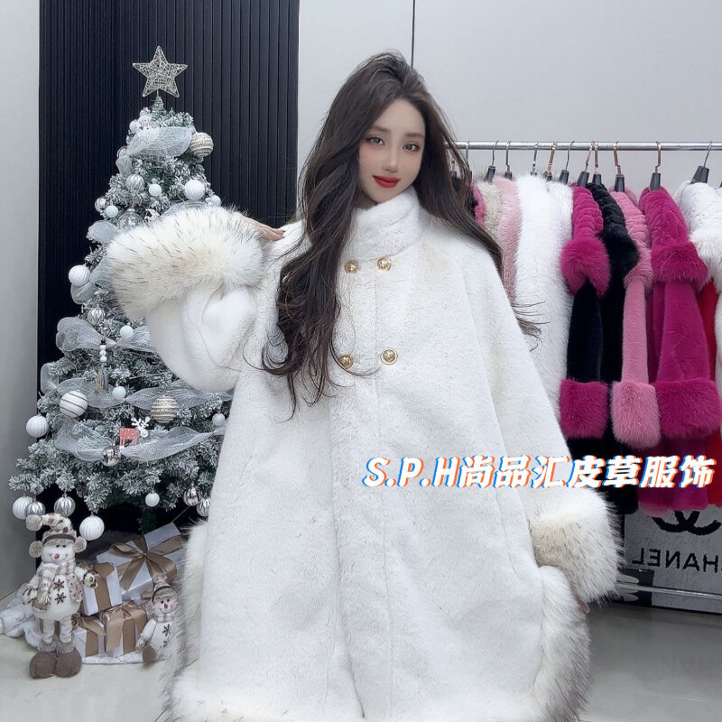 Elegant Retro Large Swing Warm Coat for Women Fall Winter New Stand and Collar Mink Fur Mid-Length Faux Fur Coats Female