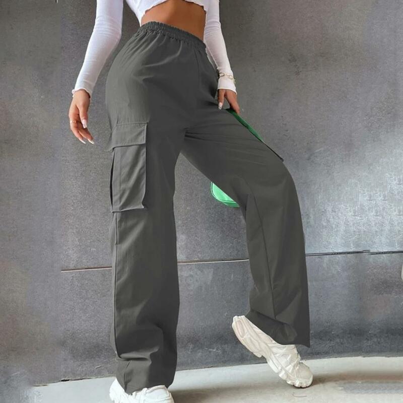 Celana kargo wanita, celana kargo Korea dengan pinggang elastis kaki lebar warna Solid jogging dengan saku untuk Kasual