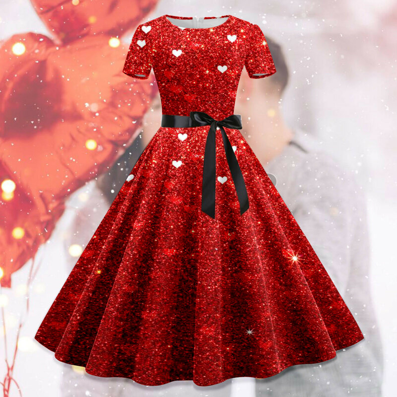 50s 60s Vintage sukienka trapezowa z krótkim rękawem Retro czerwona sukienka typu Swing walentynkowa nadruk serce na imprezę bal sukienka Femme Vestidos