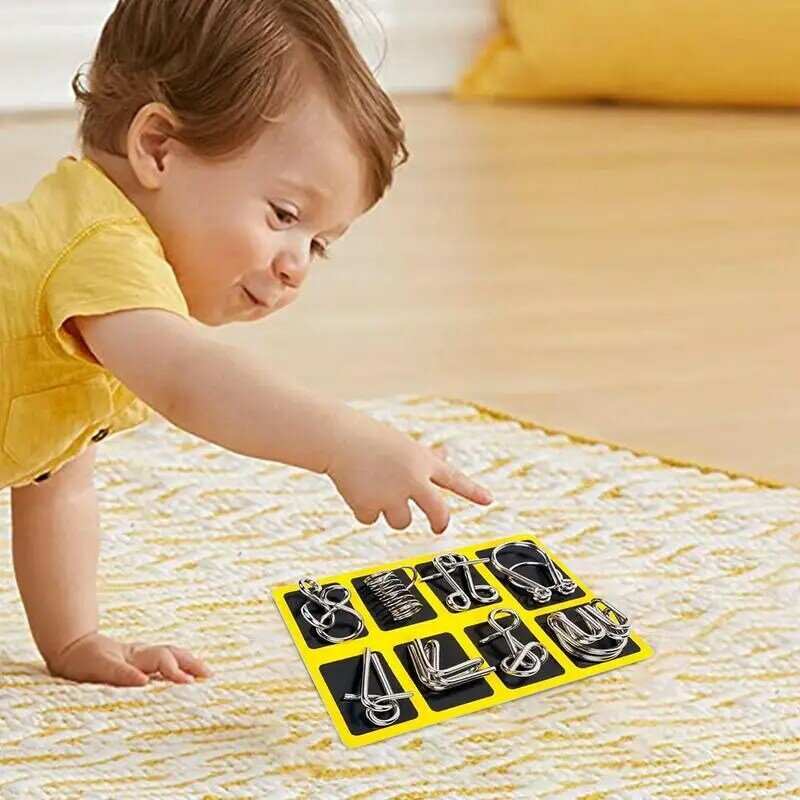 8 buah mainan teka-teki logam mainan asah otak permainan Puzzle Jigsaw edukasi Montessori interaktif untuk anak-anak dan dewasa