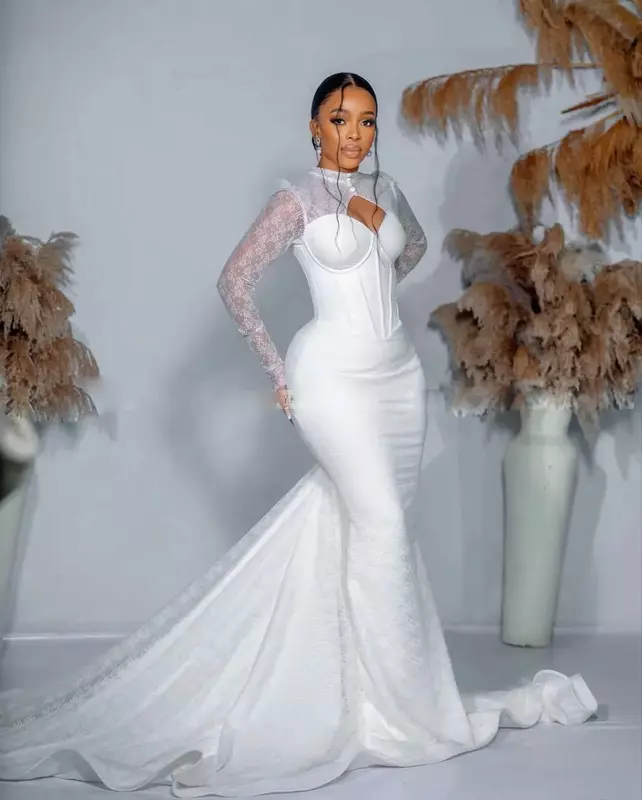 Vestido de novia de satén con cuello alto y botones de sirena, prenda Sexy de color blanco con mangas de encaje para playa y exteriores, talla grande, novedad de 2024