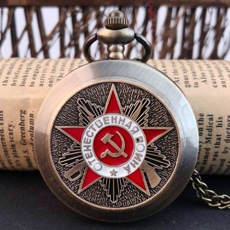 Jam tangan saku liontin jam tangan sabit palu lencana Uni Soviet lambang pesta Pentagram Rusia hadiah jam rantai Fob Pria Wanita