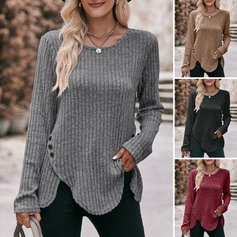 Women Fall Winter Top Round Neck Long Sleeve Top Striped Texture Irregular Hem Long Sleeve Pullover Soft Lady T-shirt
