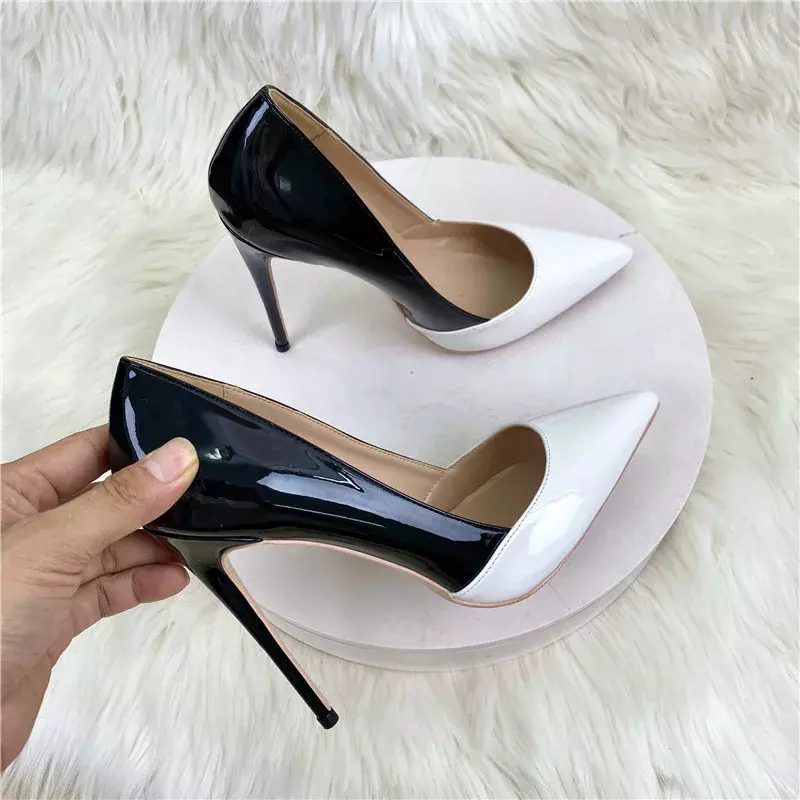 Sepatu hak tinggi 12cm wanita seksi Stiletto mengkilat ujung lancip warna gradien hitam hijau hitam putih sepatu pesta 10cm