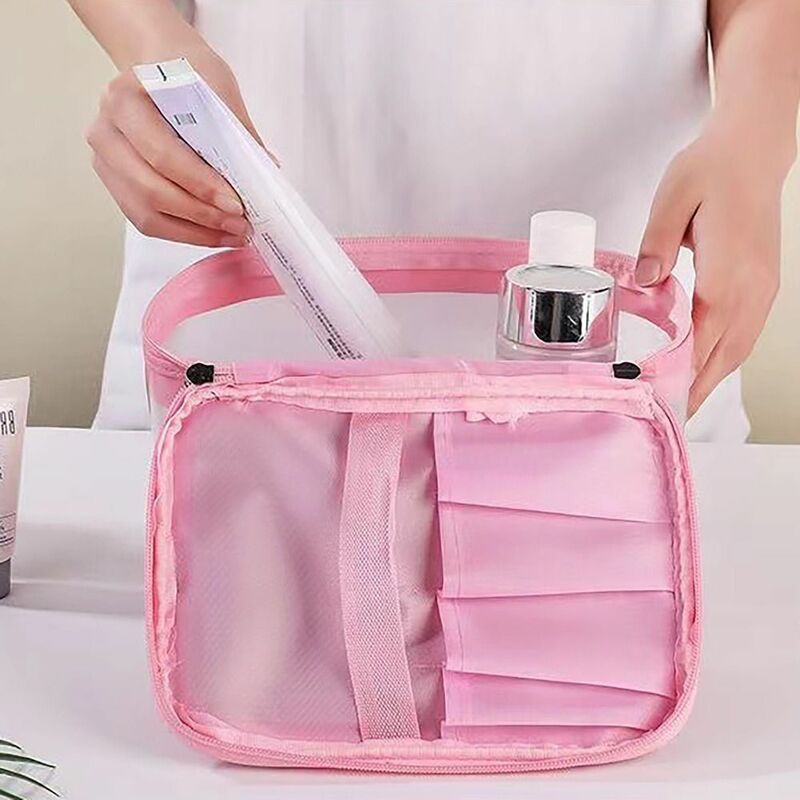 กระเป๋าเก็บเครื่องสำอาง PVC แบบพกพากระเป๋าเข้าห้องน้ำความจุขนาดใหญ่สำหรับเดินทางตั้งโต๊ะพร้อมที่จับ tas kosmetik