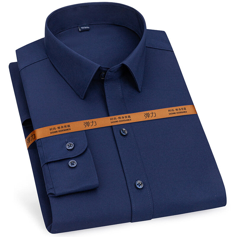 Z150Blue stretch shirt men's long-sleeved Korean style slim professional shirt solid color casual no-iron