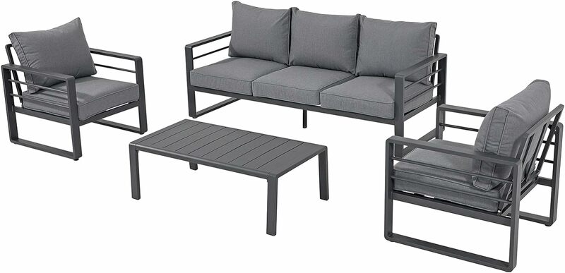 Aluminium Tuinmeubelset, Moderne Patiogespreksenset Voor Alle Weersomstandigheden, Donkere Grijze Sofa Voor Buiten Met Tafel