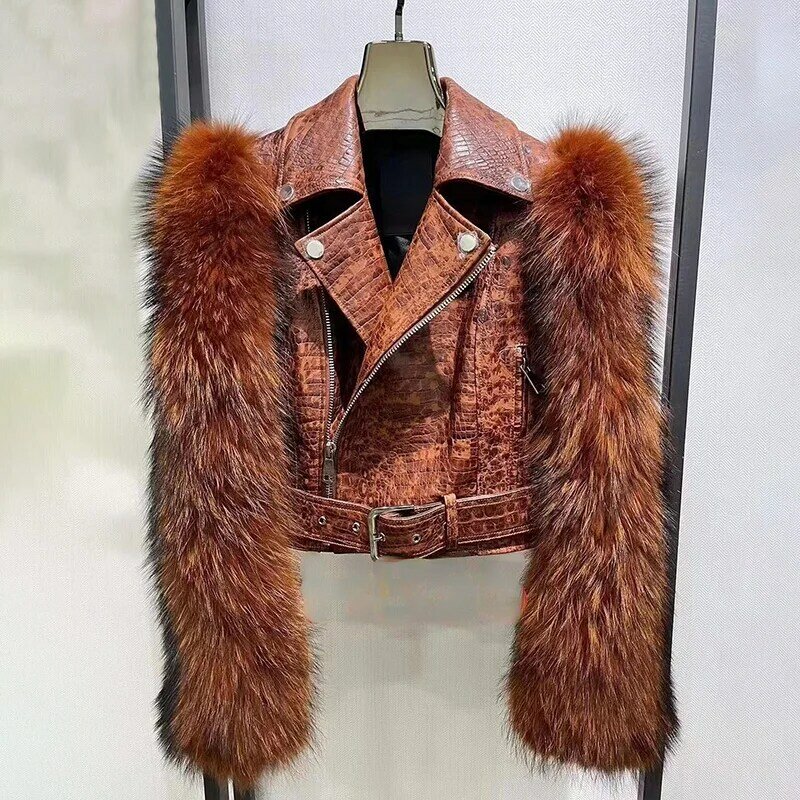 High Quality Winter Genuine Sheepskin Leather Coat Luxury Natural Raccoon Fur Sleeve Crop Fur Jackets Outerwear NZ5879