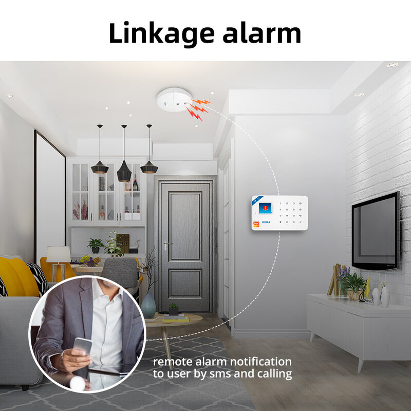 Kerui Detector de humo inalámbrico Linkable, Sensor fotoeléctrico sensible para sistema de alarma de seguridad para el hogar