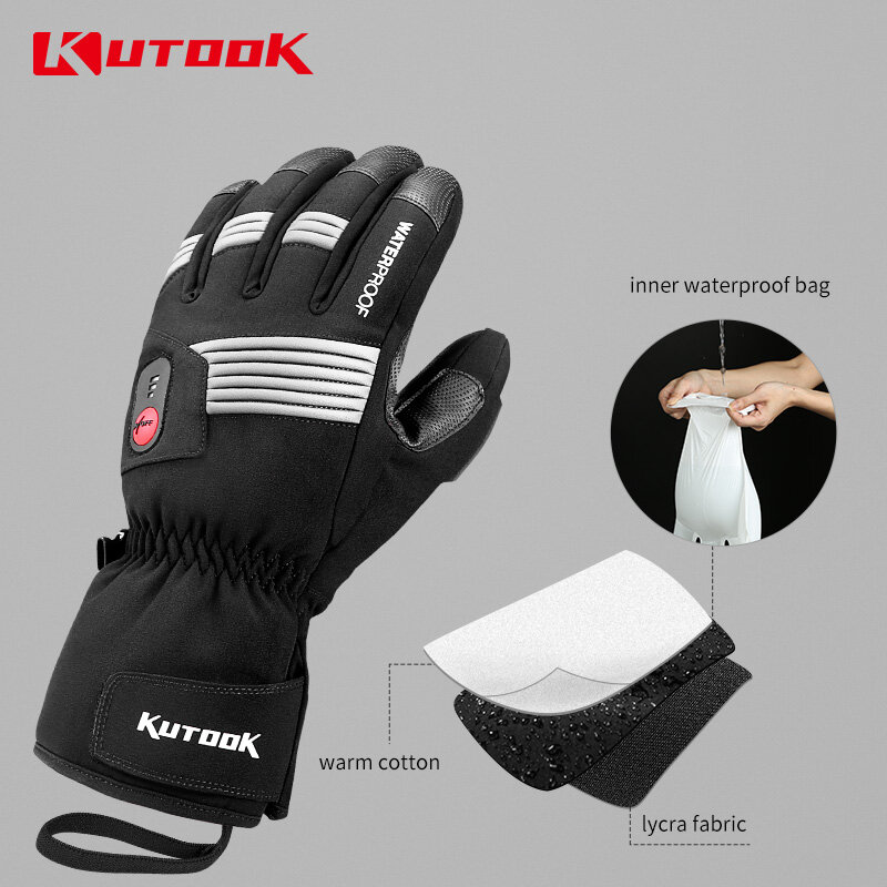 KUTOOK Electric Heated Ski Gloves Winter Battery Heating Thermal Gloves Waterproof Touchscreen Gloves for Snowmobile Accessories