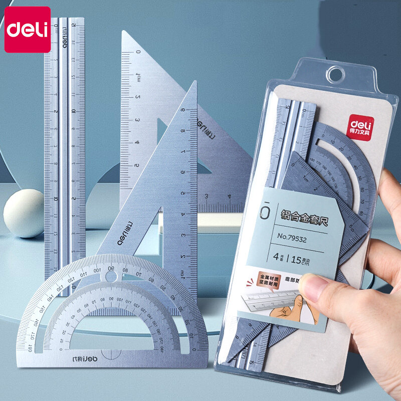 Deli for School Kids Angle Straight Ruler Metal Ruler Multifunctional Drawing Triangle Ruler 4pcs/set Office Supplies Accessorie
