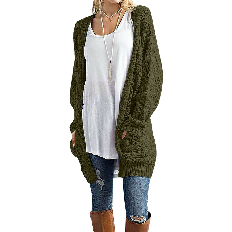 Women Loose Open Front Long Sleeve Chunky Knit Cable Cardigans Sweater With Pockets