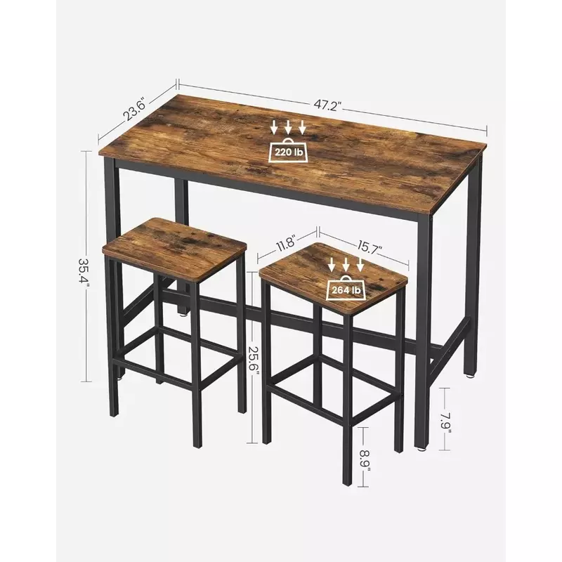 Set da Bar da tavolo con 2 sgabelli da bar, set da tavolo, marrone rustico e nero