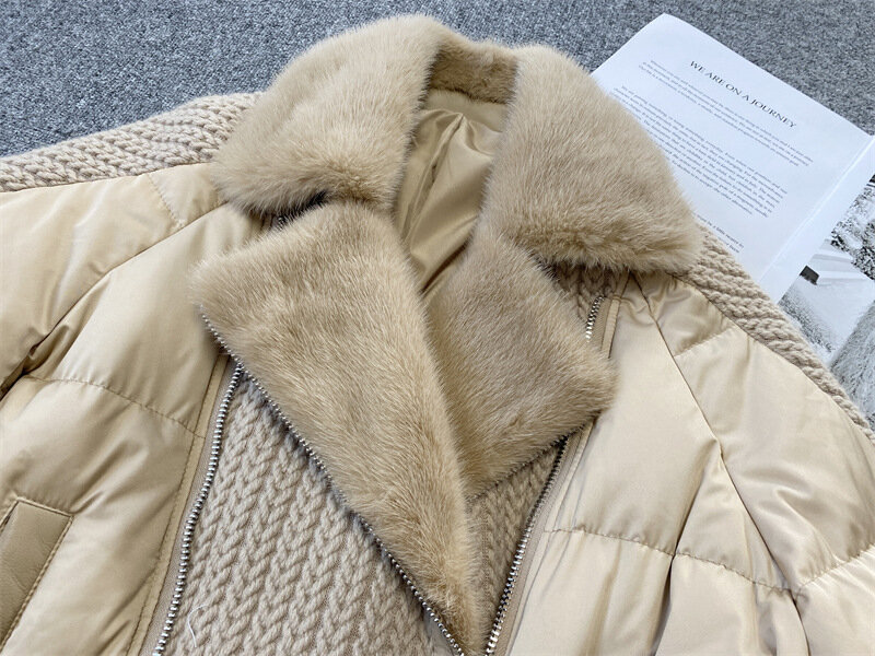 Abrigo con Cuello de piel de visón Real para mujer, abrigo de piel de ganso blanco con costura de punto, cálido y ligero, nuevo estilo, 2022