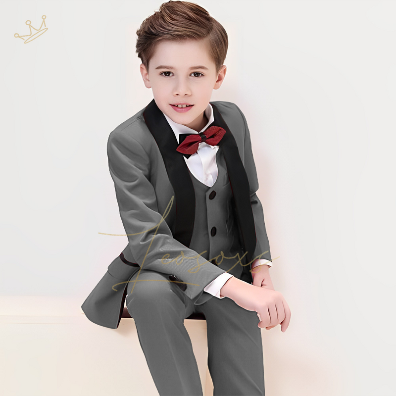 Conjunto de terno de casamento do menino, smoking personalizado personalizado para crianças, gola preta xale, jaqueta, colete, calças, 3 peças