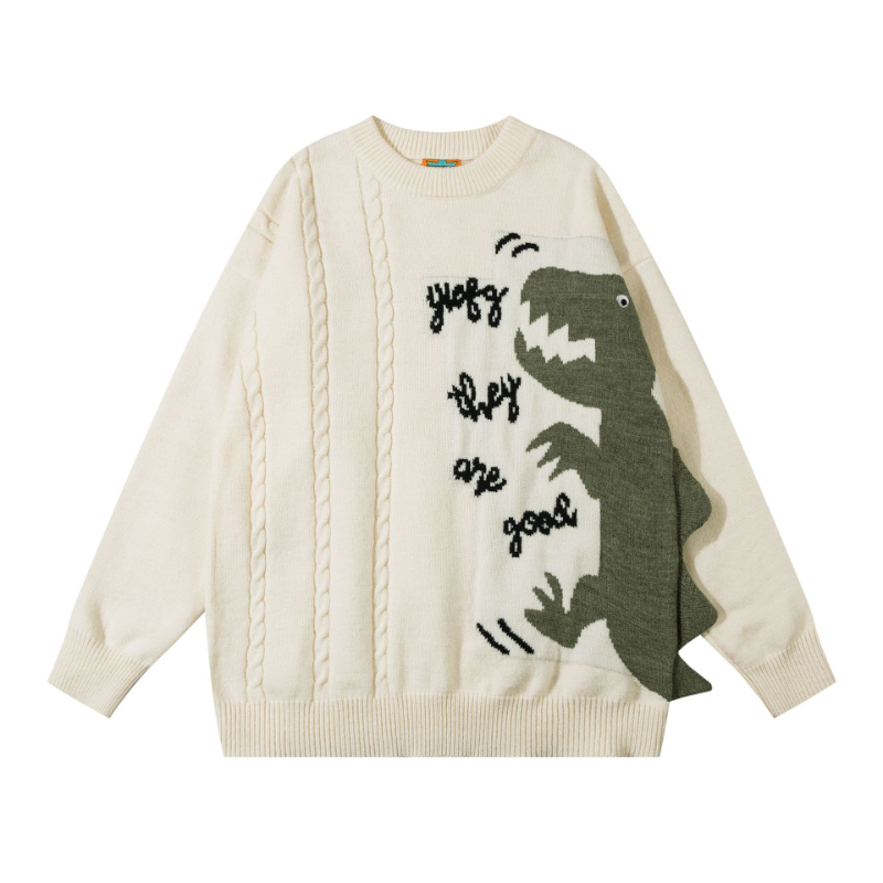 Kaus sweter longgar kartun pria, atasan rajut pasangan dinosaurus lengan panjang leher bulat musim gugur/musim dingin 2023