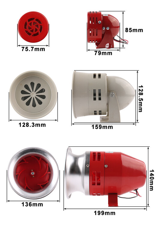 Mini sirena de Motor de Metal rojo, alarma Industrial de sonido, protección eléctrica contra robo, MS-190/290/390 CC, 12V, 24V, 220V, 110V, 130dB