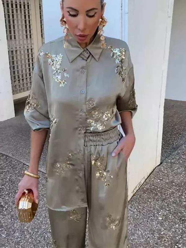 Blusa informal holgada con lentejuelas para mujer, camisa de manga larga con botones, Estilo Vintage, a la moda, novedad de 2024