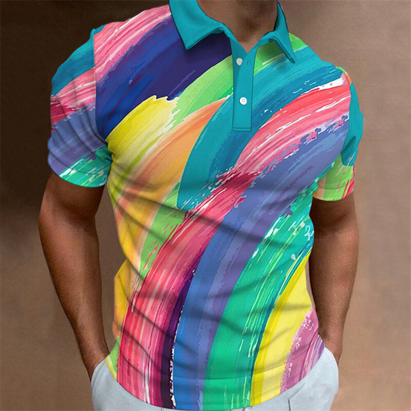 Kemeja Polo motif garis grafiti warna 3D untuk pria, kemeja lengan pendek berkerah ukuran besar, blus Golf kasual berkancing atasan