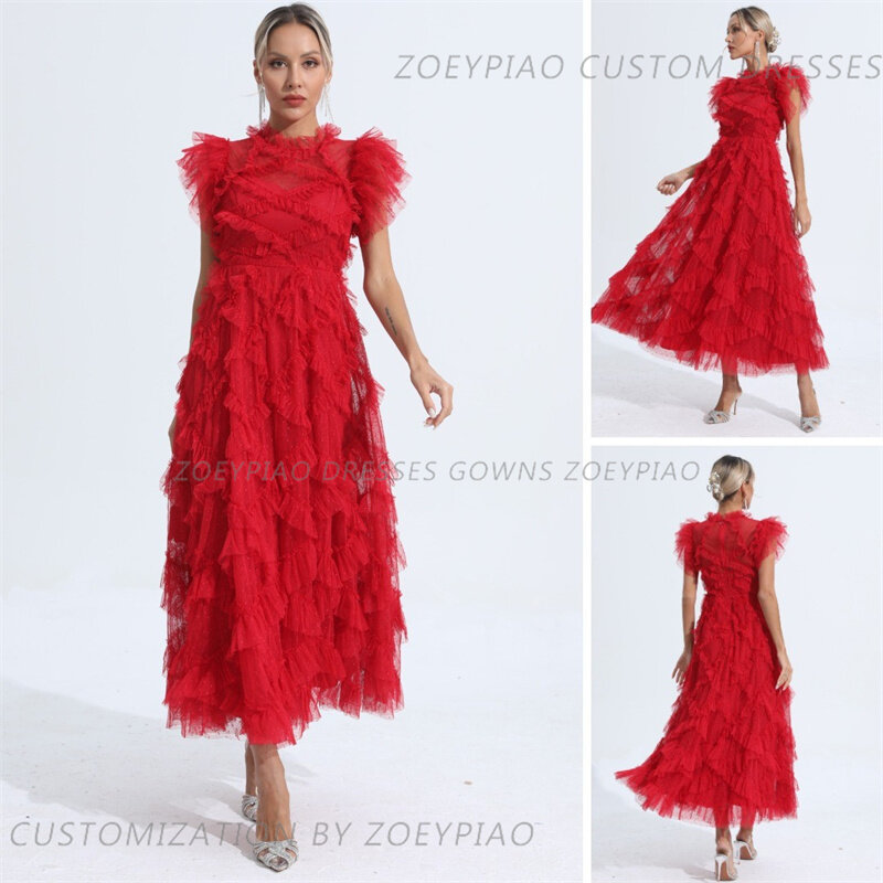 Vintage Red Dot Tulle High Neck Cape Sleeves Prom Dresses Ankle Length A Line vestidos de novia Evening Party Dress Prom Gowns