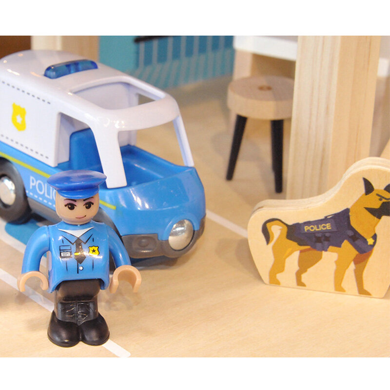 Holz Polizei Büro Feuerwache Jungen DIY Rollenspiel Auto Feuerwehr auto Bausteine montiert Haus Kinder Spielzeug