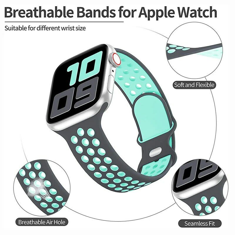 Bracelet en silicone respirant pour Apple Watch, iWatch Series 6, 5, 4, 3, SE Ultra, Band 8, 7, 45mm, 41mm, 49mm, 44mm, 42mm, 40mm, 38mm