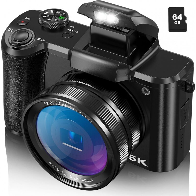 Kamera Digital 5K untuk fotografi, kamera Vlog fokus otomatis 64MP untuk YouTube dengan lensa Selfie, Zoom optikal 5X, kamera Video wi