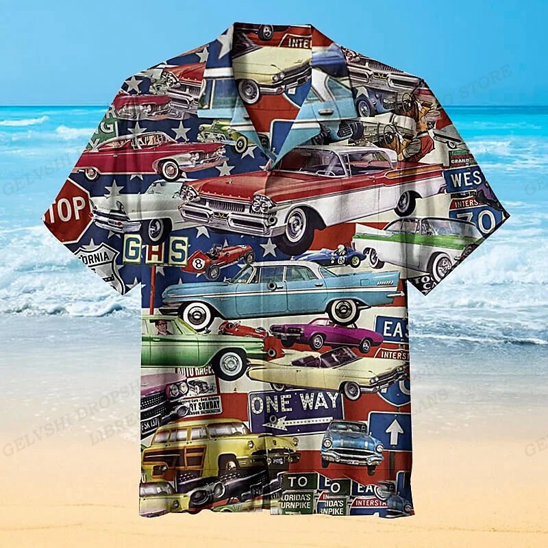 Camisa hawaiana con estampado gráfico de coche para hombre, blusa de playa informal, Camisa de solapa, Camisa de motocicleta, moda