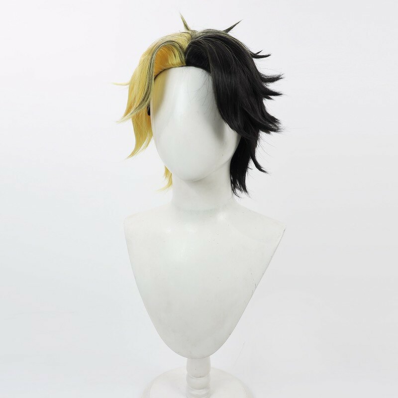 Anime maskle wig Cosplay dewasa uniseks, aksesori pesta rambut hitam kuning sintetis tahan panas sintetik