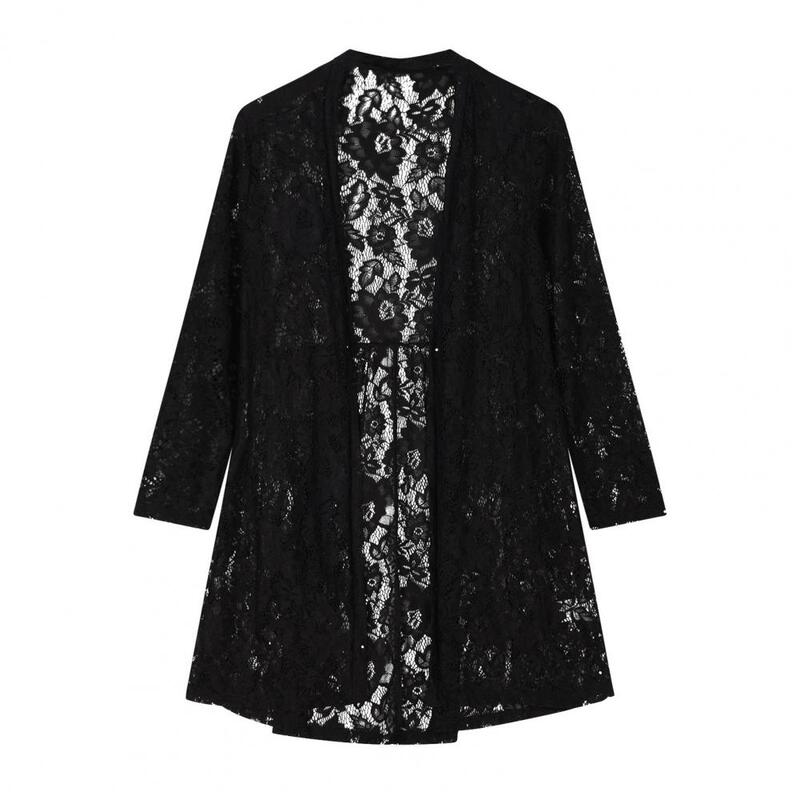 Lace Cardigan Fashionable Women's Lace Coat Elegant Mid-length Cardigan with Embroidery Lace Flower Pattern Outerwear for All